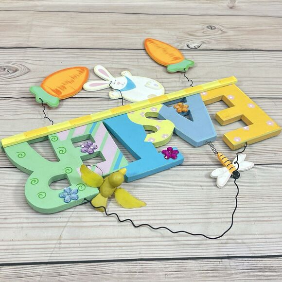 Vintage EASTER Wooden Hanging Sign Decoration Hand Painted Bunny Bird Spring 14” - Picture 9 of 12